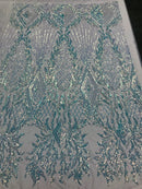 Iridescent Clear Sequin Fabric, Geometric Design Embroidered With Sequin on a 4 Way Stretch Sequin Fabric Mesh-Prom-Gown By Yard