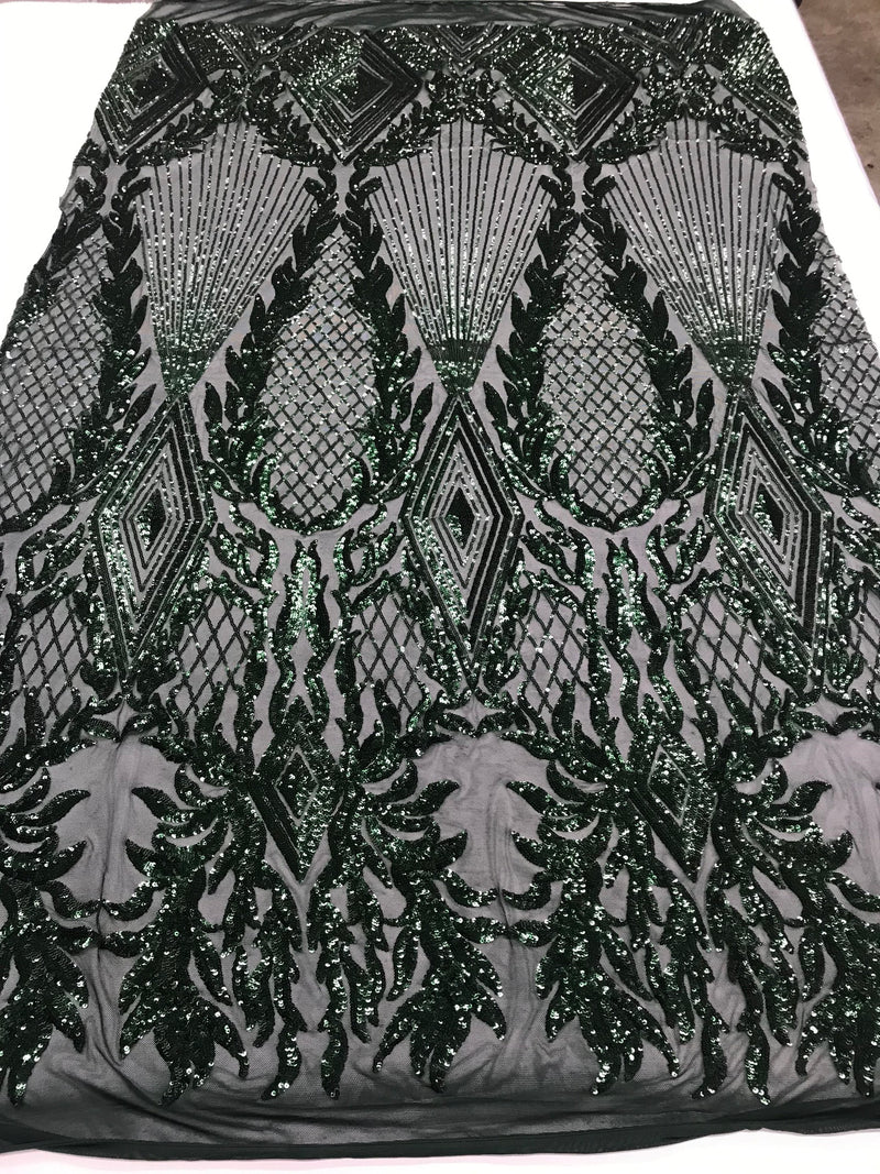 Hunter Green Sequin Fabric, Geometric Design Embroidered With Sequin on a 4 Way Stretch Sequin Fabric Mesh-Prom-Gown By Yard