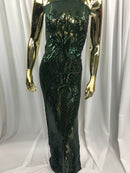 Hunter Green Sequin Fabric, Geometric Design Embroidered With Sequin on a 4 Way Stretch Sequin Fabric Mesh-Prom-Gown By Yard