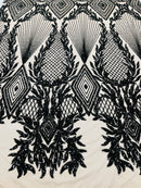 Black Sequins on Nude Mesh, Geometric Design on Mesh 4way Stretch Sequin-Prom-Gown By The Yard