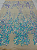 Iridescent Aqua Sequins on Nude Mesh, Geometric Design on Mesh 4way Stretch Sequin-Prom-Gown By The Yard