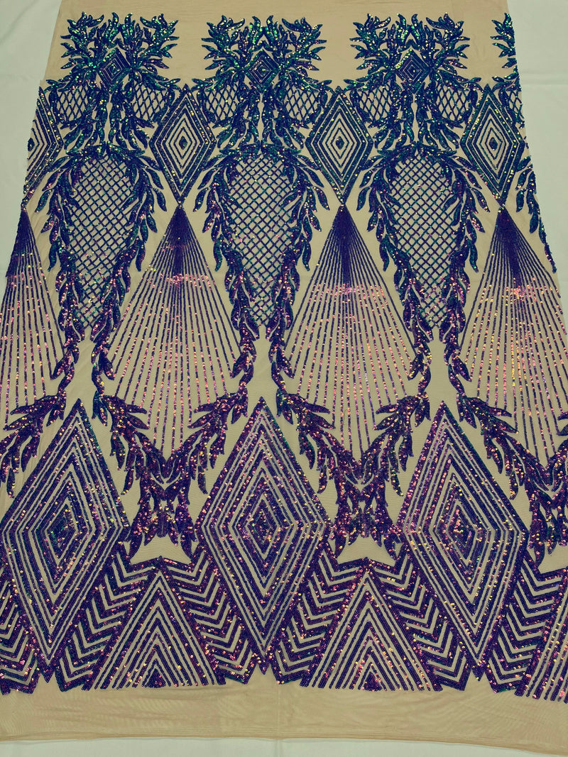 Iridescent Lavender Sequins on Nude Mesh, Geometric Design on Mesh 4way Stretch Sequin-Prom-Gown By The Yard