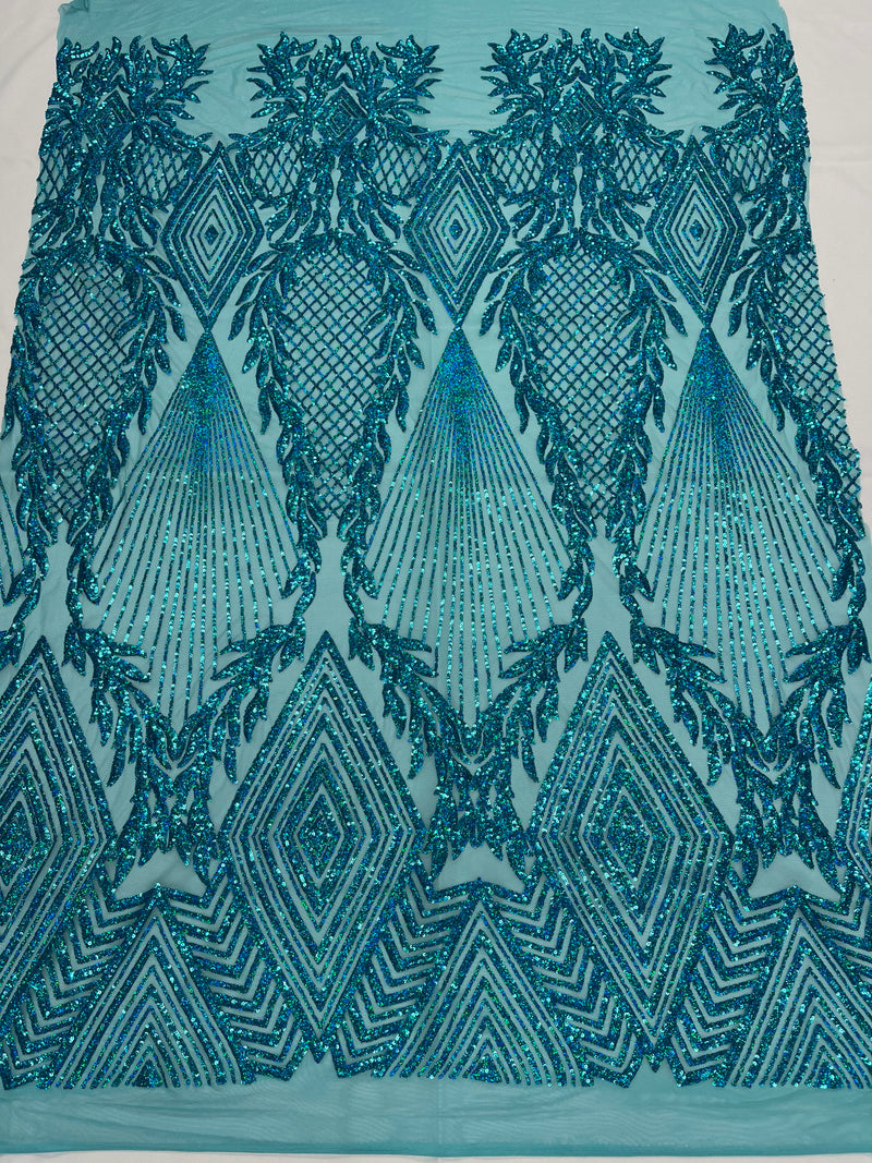 Iridescent Turquoise Sequins on a Mesh, Geometric Design on Mesh 4way Stretch Sequin-Prom-Gown By The Yard