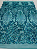 Iridescent Turquoise Sequins on a Mesh, Geometric Design on Mesh 4way Stretch Sequin-Prom-Gown By The Yard