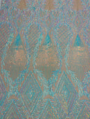 Iridescent Aqua/Pink Sequins on Nude Mesh, Geometric Design on Mesh 4way Stretch Sequin-Prom-Gown By The Yard