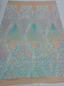 Iridescent Aqua/Pink Sequins on Nude Mesh, Geometric Design on Mesh 4way Stretch Sequin-Prom-Gown By The Yard