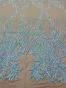 Iridescent Aqua/Pink Sequins on Nude Mesh, Geometric Design on Mesh 4way Stretch Sequin-Prom-Gown By The Yard