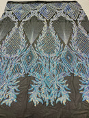 Iridescent Aqua Sequins on Black Mesh, Geometric Design on Mesh 4way Stretch Sequin-Prom-Gown By The Yard