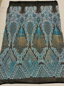 Iridescent Aqua Sequins on Black Mesh, Geometric Design on Mesh 4way Stretch Sequin-Prom-Gown By The Yard