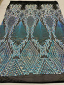 Iridescent Aqua Sequins on Black Mesh, Geometric Design on Mesh 4way Stretch Sequin-Prom-Gown By The Yard