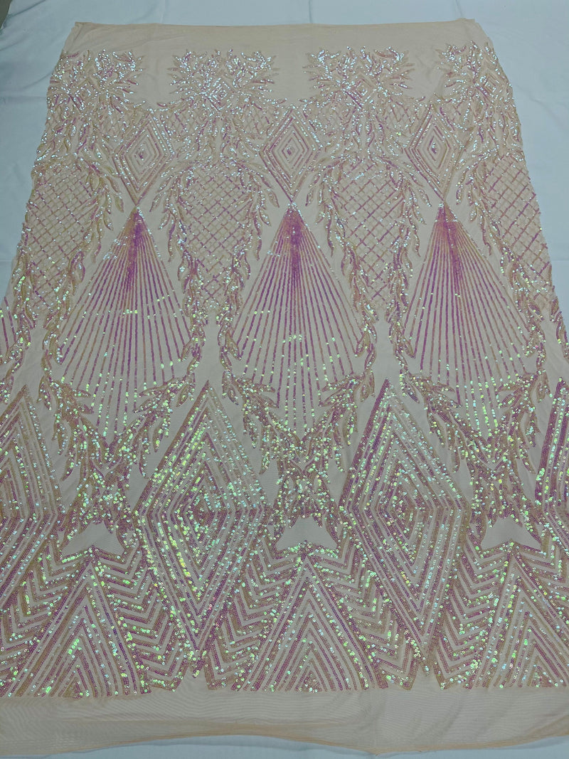 Iridescent Pink Sequins on Blush Mesh, Geometric Design on Mesh 4way Stretch Sequin-Prom-Gown By The Yard