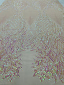 Iridescent Pink Sequins on Blush Mesh, Geometric Design on Mesh 4way Stretch Sequin-Prom-Gown By The Yard