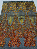 Iridescent Orange Sequins on Black Mesh, Geometric Design on Mesh 4way Stretch Sequin-Prom-Gown By The Yard