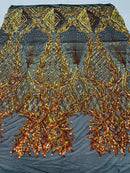 Iridescent Orange Sequins on Black Mesh, Geometric Design on Mesh 4way Stretch Sequin-Prom-Gown By The Yard
