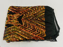 Iridescent Orange Sequins on Black Mesh, Geometric Design on Mesh 4way Stretch Sequin-Prom-Gown By The Yard