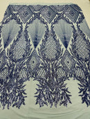 Blue Sequins on Lt Baby Blue Mesh, Geometric Design on Mesh 4way Stretch Sequin-Prom-Gown By The Yard