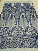 Blue Sequins on Lt Baby Blue Mesh, Geometric Design on Mesh 4way Stretch Sequin-Prom-Gown By The Yard