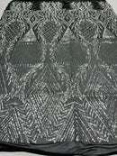 Silver Sequins on Black Mesh, Geometric Design on Mesh 4way Stretch Sequin-Prom-Gown By The Yard