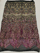 New Iridescent Purple on Black Mesh, Royalty Design on Mesh 4way Stretch Sequin-Prom-Gown By The Yard