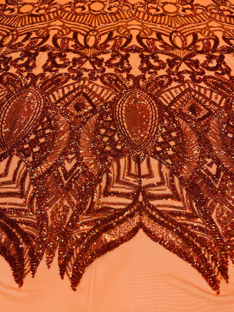 Iridescent Sequin Fabric - Holographic Burnt Orange - 4 Way Stretch Royalty Lace Sequin By Yard