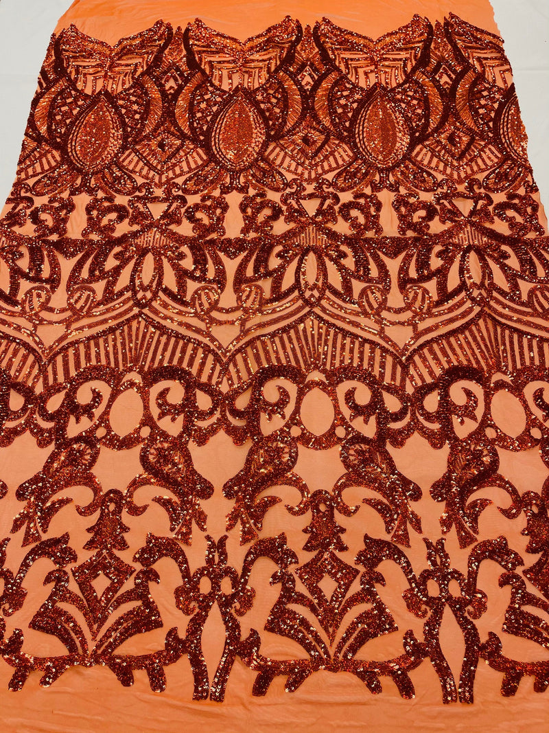 Iridescent Sequin Fabric - Holographic Burnt Orange - 4 Way Stretch Royalty Lace Sequin By Yard