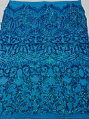Iridescent Sequin Fabric - Iridescent Turquoise - 4 Way Stretch Royalty Lace Sequin By Yard