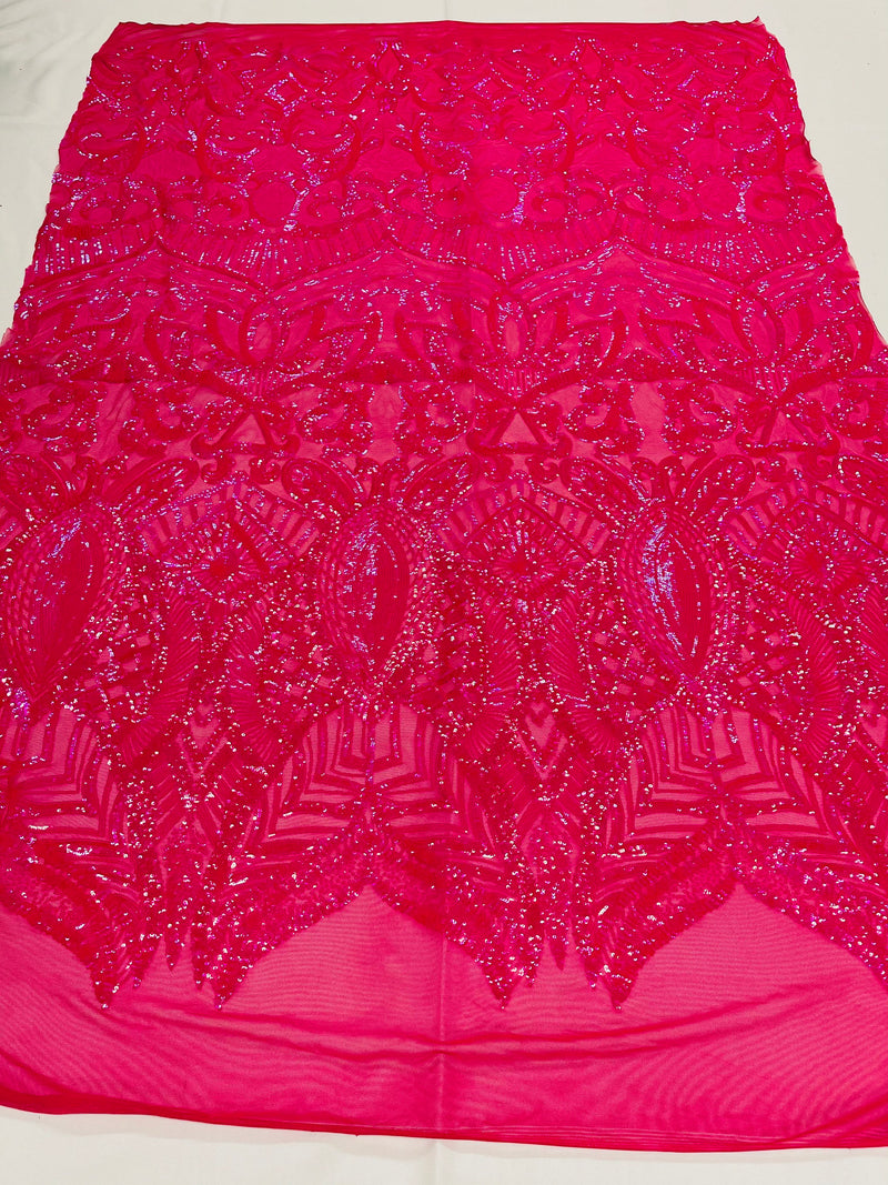 Iridescent Sequin Fabric - Neon Pink - 4 Way Stretch Royalty Lace Sequin By Yard