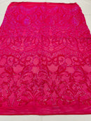 Iridescent Sequin Fabric - Neon Pink - 4 Way Stretch Royalty Lace Sequin By Yard