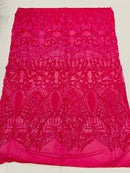 Iridescent Sequin Fabric - Neon Pink - 4 Way Stretch Royalty Lace Sequin By Yard