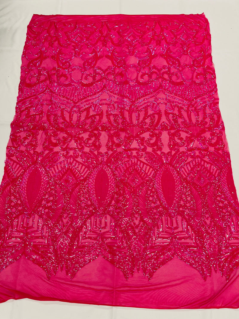 Iridescent Sequin Fabric - Neon Pink - 4 Way Stretch Royalty Lace Sequin By Yard