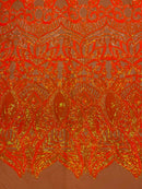 Iridescent Sequin Fabric - Iridescent Neon Orange - 4 Way Stretch Royalty Lace Sequin By Yard