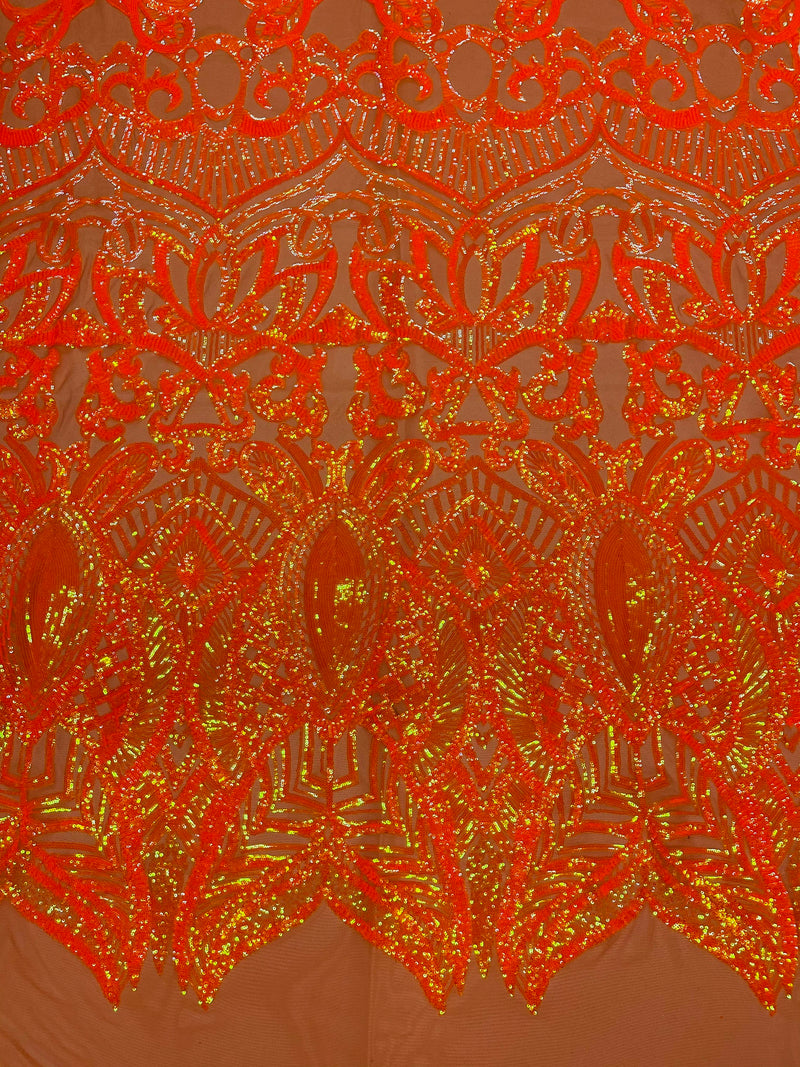 Iridescent Sequin Fabric - Iridescent Neon Orange - 4 Way Stretch Royalty Lace Sequin By Yard
