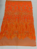 Iridescent Sequin Fabric - Iridescent Neon Orange - 4 Way Stretch Royalty Lace Sequin By Yard