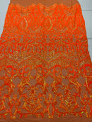 Iridescent Sequin Fabric - Iridescent Neon Orange - 4 Way Stretch Royalty Lace Sequin By Yard