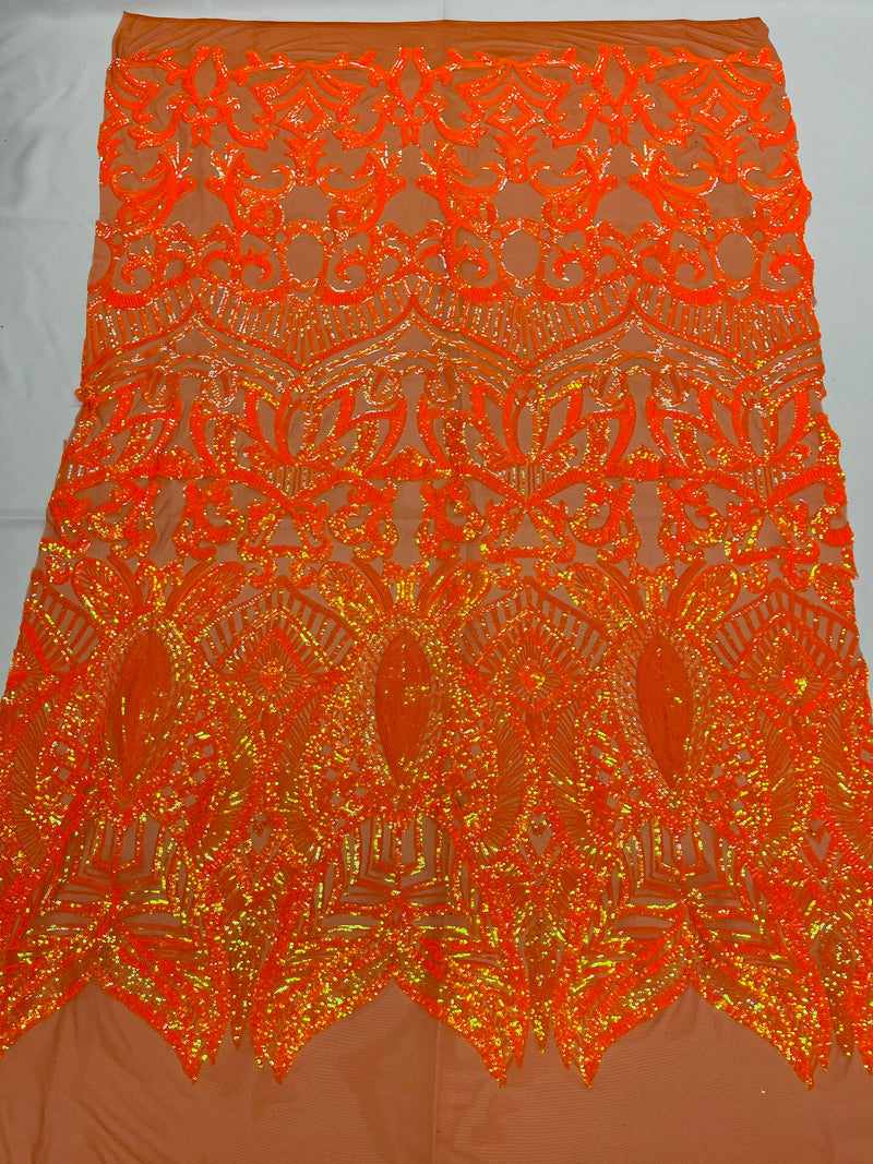 Iridescent Sequin Fabric - Iridescent Neon Orange - 4 Way Stretch Royalty Lace Sequin By Yard