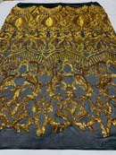 Iridescent Sequin Fabric - Gold on Black - 4 Way Stretch Royalty Lace Sequin By Yard