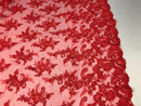 Red Flower Lace Fabric - Floral Clusters Embroidered With sequins on a Mesh Lace Fabric Sold By The Yard