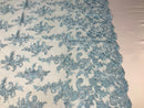 Baby Blue Flower Lace Fabric - Floral Clusters Embroidered With sequins on a Mesh Lace Fabric Sold By The Yard