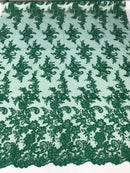 Hunter Green Flower Lace Fabric - Floral Clusters Embroidered With sequins on a Mesh Lace Fabric Sold By The Yard