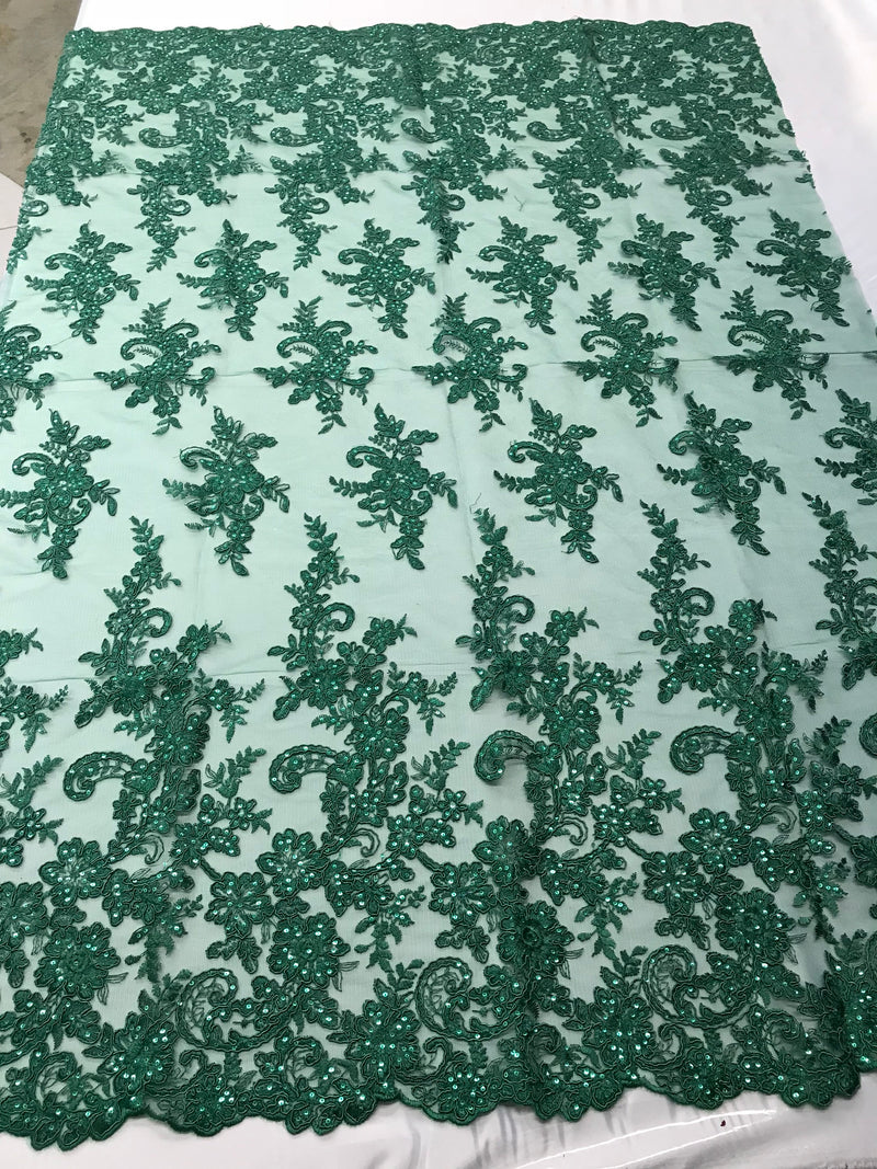 Hunter Green Flower Lace Fabric - Floral Clusters Embroidered With sequins on a Mesh Lace Fabric Sold By The Yard