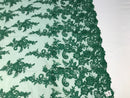 Hunter Green Flower Lace Fabric - Floral Clusters Embroidered With sequins on a Mesh Lace Fabric Sold By The Yard