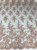 Blush Flower Lace Fabric - Floral Clusters Embroidered With sequins on a Mesh Lace Fabric Sold By The Yard