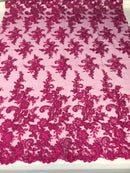 Fuchsia Flower Lace Fabric - Floral Clusters Embroidered With sequins on a Mesh Lace Fabric Sold By The Yard