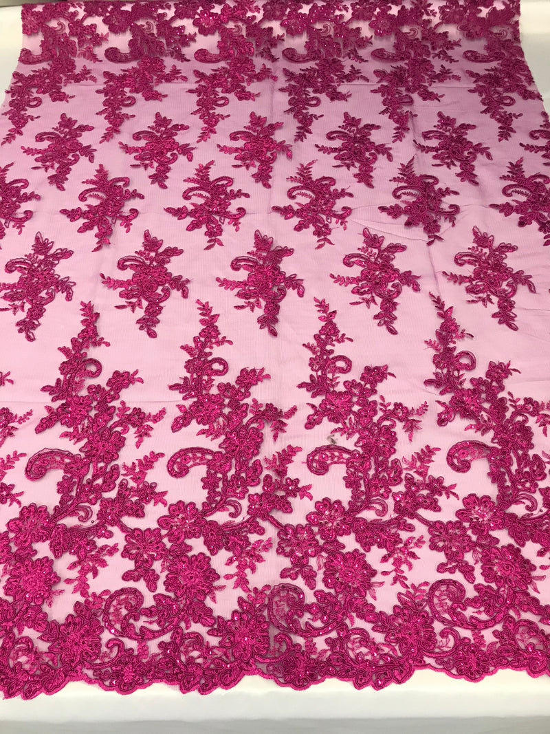 Fuchsia Flower Lace Fabric - Floral Clusters Embroidered With sequins on a Mesh Lace Fabric Sold By The Yard