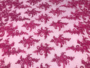 Fuchsia Flower Lace Fabric - Floral Clusters Embroidered With sequins on a Mesh Lace Fabric Sold By The Yard