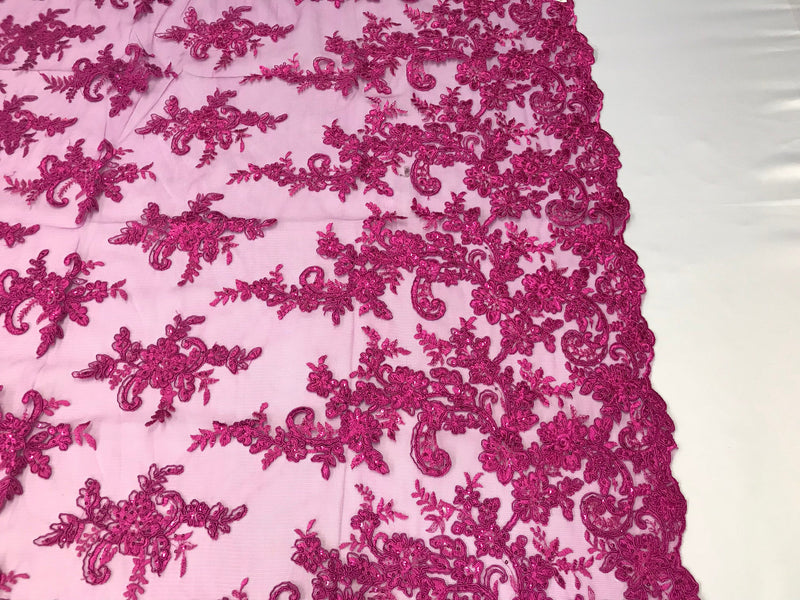 Fuchsia Flower Lace Fabric - Floral Clusters Embroidered With sequins on a Mesh Lace Fabric Sold By The Yard