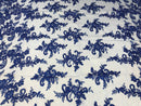 Royal Blue Flower Lace Fabric - Floral Clusters Embroidered With sequins on a Mesh Lace Fabric Sold By The Yard