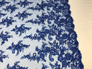 Royal Blue Flower Lace Fabric - Floral Clusters Embroidered With sequins on a Mesh Lace Fabric Sold By The Yard