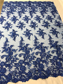 Royal Blue Flower Lace Fabric - Floral Clusters Embroidered With sequins on a Mesh Lace Fabric Sold By The Yard