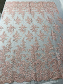 Pink Flower Lace Fabric - Floral Clusters Embroidered With sequins on a Mesh Lace Fabric Sold By The Yard